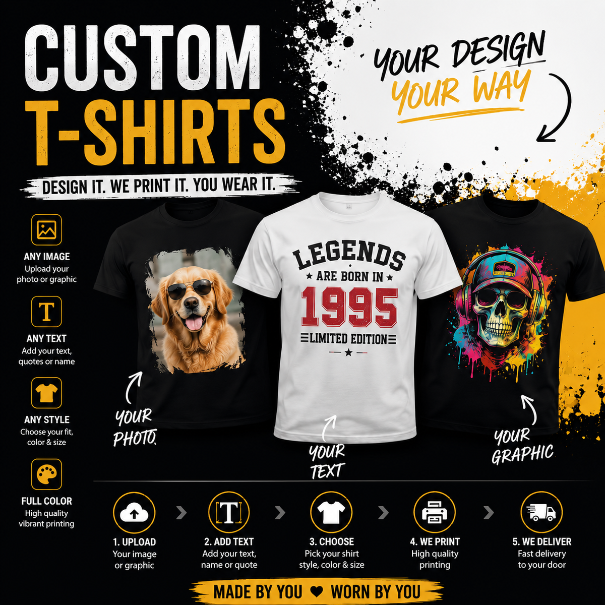 Promotional graphic for custom t-shirts with design options and text.