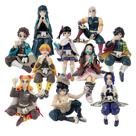 Anime Demon Slayer Figure Tanjirou Nezuko Zenitsu Inosuke Shinobu Giyuu Eat Rice Balls Kimetsu No Yaiba PVC Action Figurine Toys